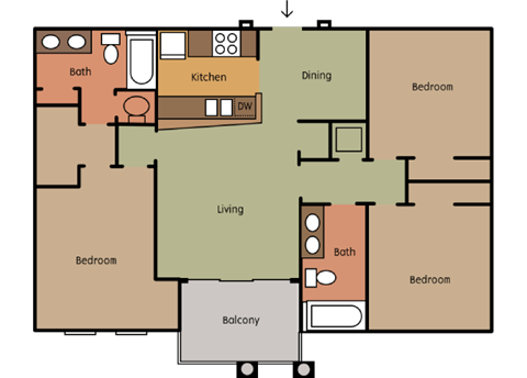 Floor plan for 3 beds, 2 baths, 1317 sqft