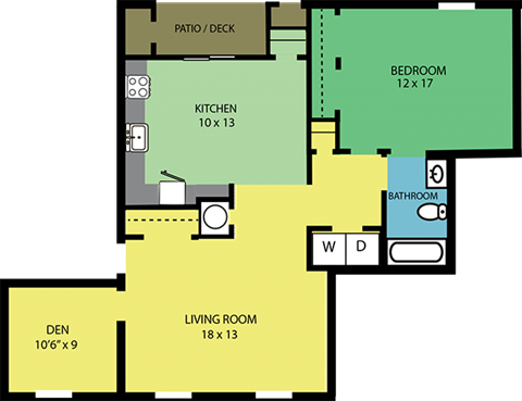 Floor plan for 1 bed, 1 bath, 916 sqft
