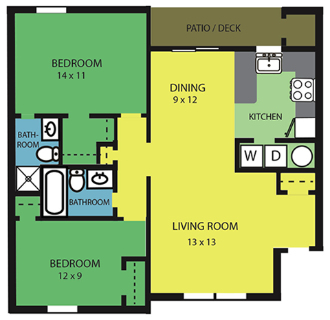 Floor plan for 2 beds, 1.5 baths, 900 sqft