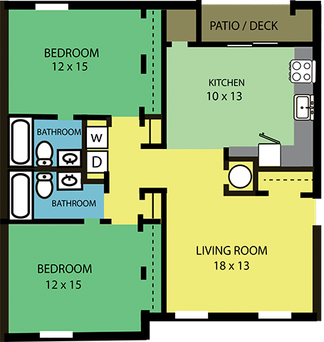 Floor plan for 2 beds, 2 baths, 1047 sqft