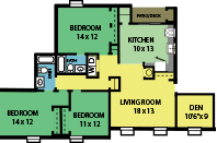 Floor plan for 3 beds, 2 baths, 1439 sqft