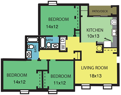 Floor plan for 3 beds, 2 baths, 1339 sqft