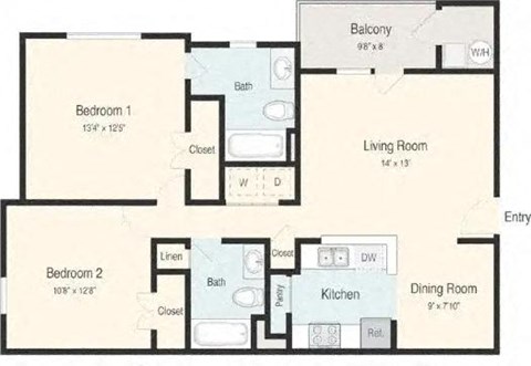 Floor plan for 2 beds, 2 baths, 1000 sqft