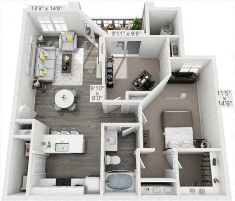 Floor plan for 1 bed, 1 bath, 939 sqft