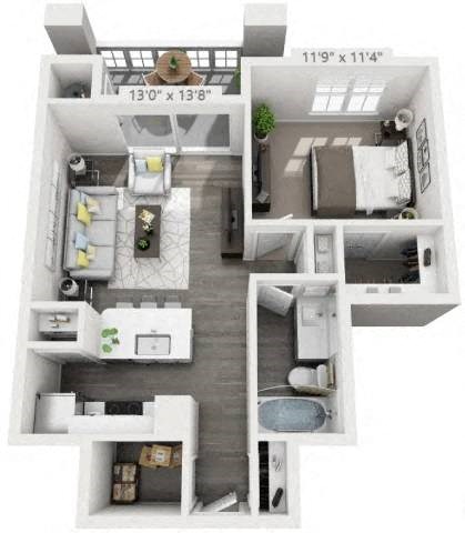 Floor plan for 1 bed, 1 bath, 698 sqft