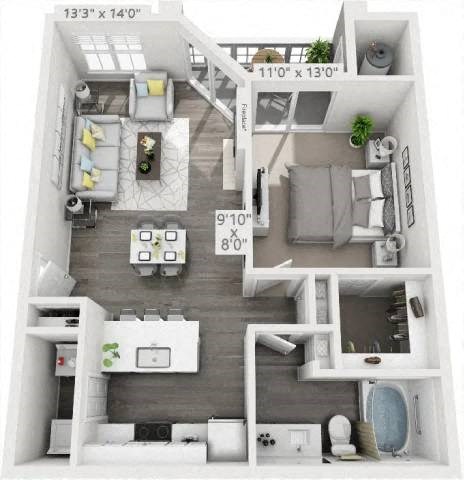Floor plan for 1 bed, 1 bath, 795 sqft