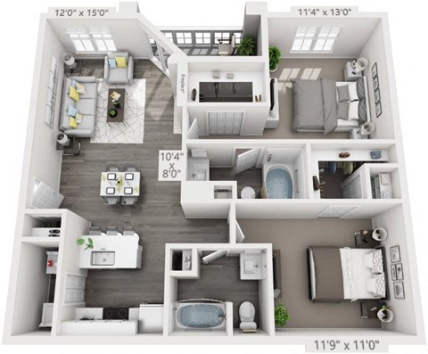 Floor plan for 2 beds, 2 baths, 1062 sqft
