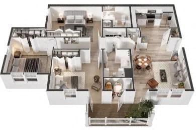 Floor plan for 3 beds, 2 baths, 1379 sqft