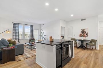 Broomfield apartment for rent - A modern kitchen with a black stove top oven and white cabinets.