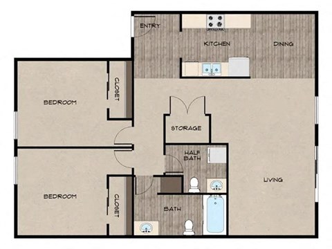 Floor plan for 2 beds, 1.5 baths, 975 sqft