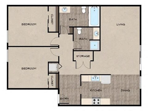 Floor plan for 2 beds, 2 baths, 975 sqft