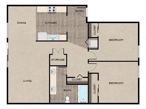 Floor plan for 2 beds, 1 bath, 975 sqft