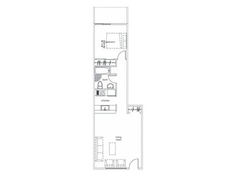 Floor plan for 1 bed, 1 bath, 638 sqft