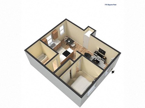 Floor plan for 1 bed, 1 bath, 775 sqft