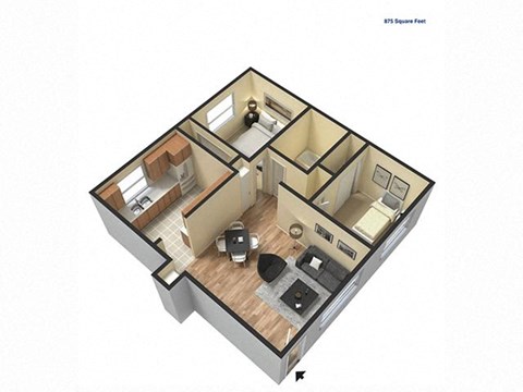 Floor plan for 2 beds, 1 bath, 875 sqft