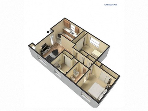 Floor plan for 3 beds, 1 bath, 1000 sqft