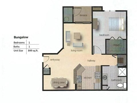 Floor plan for 1 bed, 1 bath, 849 sqft