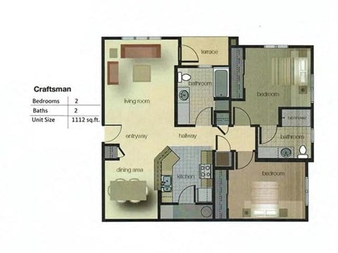 Floor plan for 2 beds, 1 bath, 1000 sqft