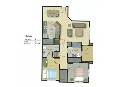 Floor plan for 2 beds, 2 baths, 797 sqft