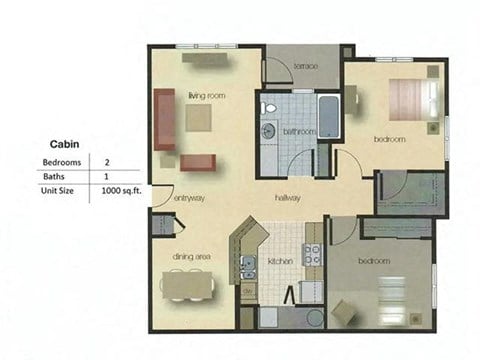 Floor plan for 2 beds, 2 baths, 1112 sqft