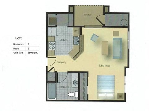 Floor plan for studio, 1 bath, 560 sqft