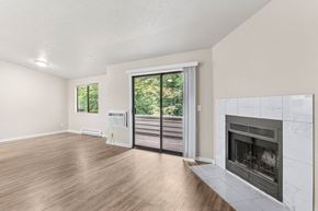 Spokane Valley apartment for rent - Living Room with Fireplace at Peaks on Pines, Washington