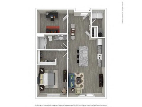 Floor plan for 1 bed, 1 bath, 755 sqft