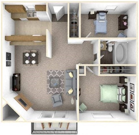 Floor plan for 2 beds, 1 bath, 728 sqft