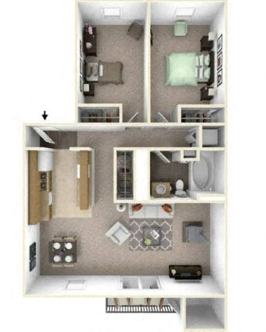 Floor plan for 2 beds, 1 bath, 844 sqft