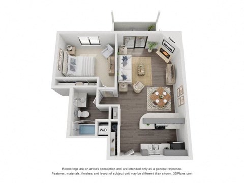 Floor plan for 1 bed, 1 bath, 725 sqft