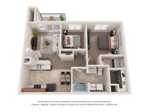 Floor plan for 2 beds, 1.5 baths, 875 sqft