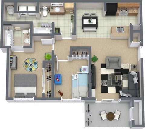 Floor plan for 2 beds, 2 baths, 912 sqft