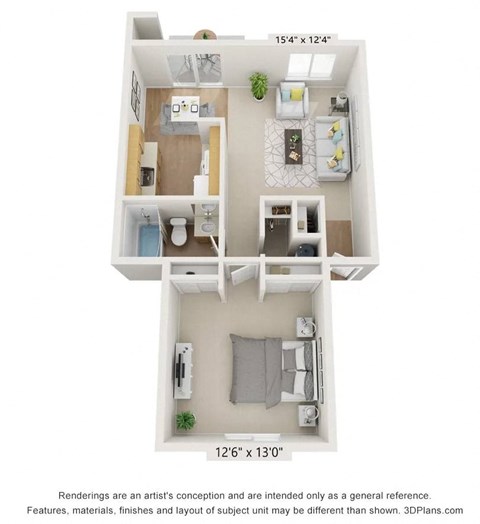 Floor plan for 1 bed, 1 bath, 650 sqft