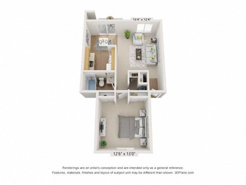 Floor plan for 1 bed, 1 bath, 650 sqft