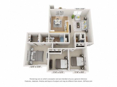 Floor plan for 3 beds, 1.5 baths, 1100 sqft