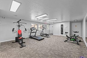 Boise apartment for rent - A spacious gym with a variety of equipment including a treadmill, stationary bike, and weight machine.