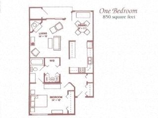 Floor plan for 1 bed, 1 bath, 850 sqft