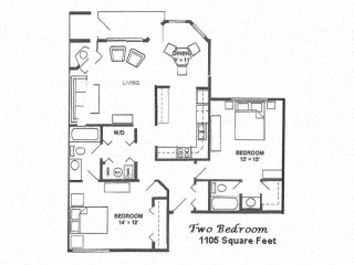 Floor plan for 2 beds, 2 baths, 1105 sqft