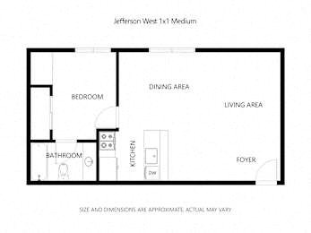 Floor plan for 1 bed, 1 bath, 480 sqft
