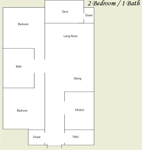 Floor plan for 2 beds, 1 bath, 892 sqft