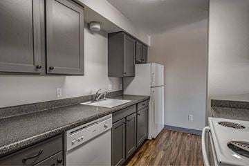 Boise apartment for rent - A kitchen with a white dishwasher and a white sink.
