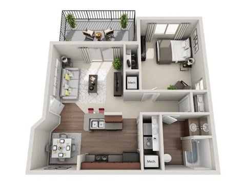 Floor plan for 1 bed, 1 bath, 740 sqft