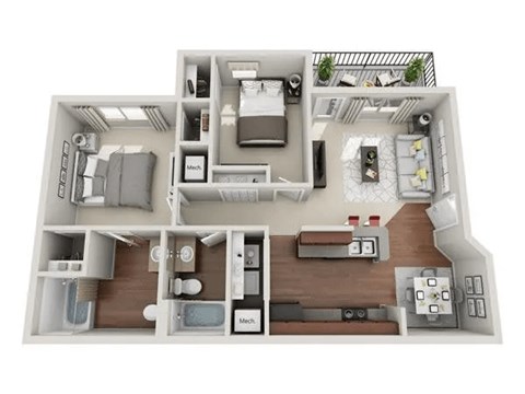 Floor plan for 2 beds, 2 baths, 974 sqft