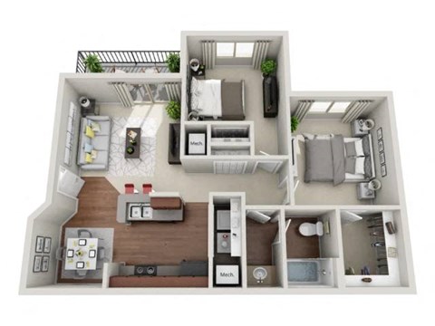 Floor plan for 2 beds, 1 bath, 906 sqft