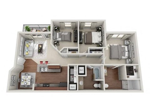 Floor plan for 3 beds, 2 baths, 1154 sqft