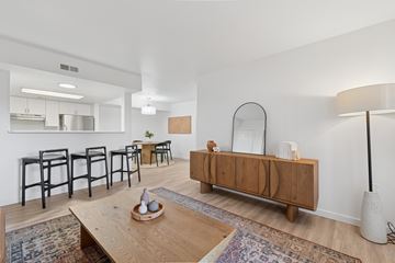 Boise apartment for rent - A modern living room with a wooden coffee table and a mirror on the wall.