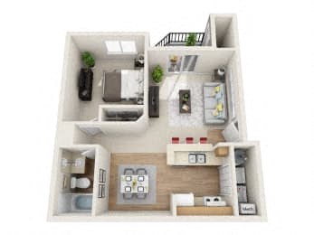 Floor plan for 1 bed, 1 bath, 670 sqft