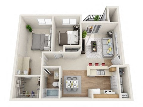 Floor plan for 2 beds, 1 bath, 857 sqft