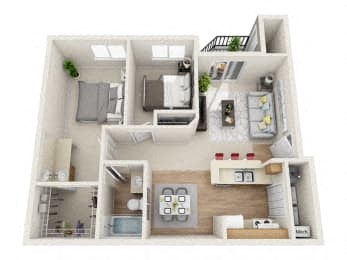 Floor plan for 2 beds, 1 bath, 767 sqft