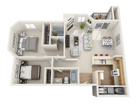 Floor plan for 2 beds, 2 baths, 962 sqft